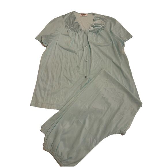 1970s Vanity Faire Azure‎ Mist Blue Medium Short Sleeve Top Pants Pajama Set NWT - Picture 4 of 10